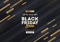 Black friday sale design. Black striped background with abstract golden shapes and golden halftone. Design for black friday banner